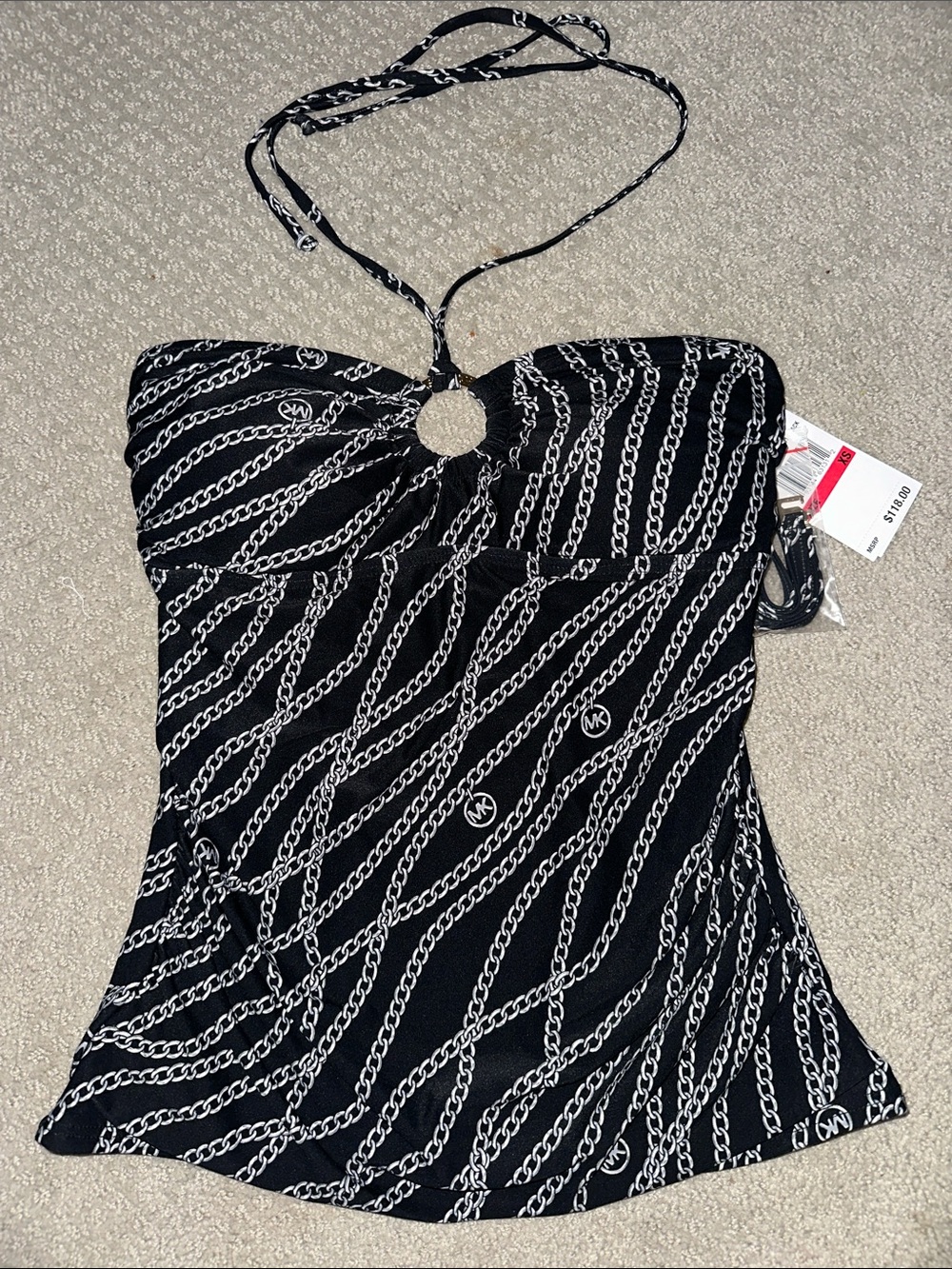 New! Michael Kors Black and White Chain-Print Halter Bikini Top - Classy Summer